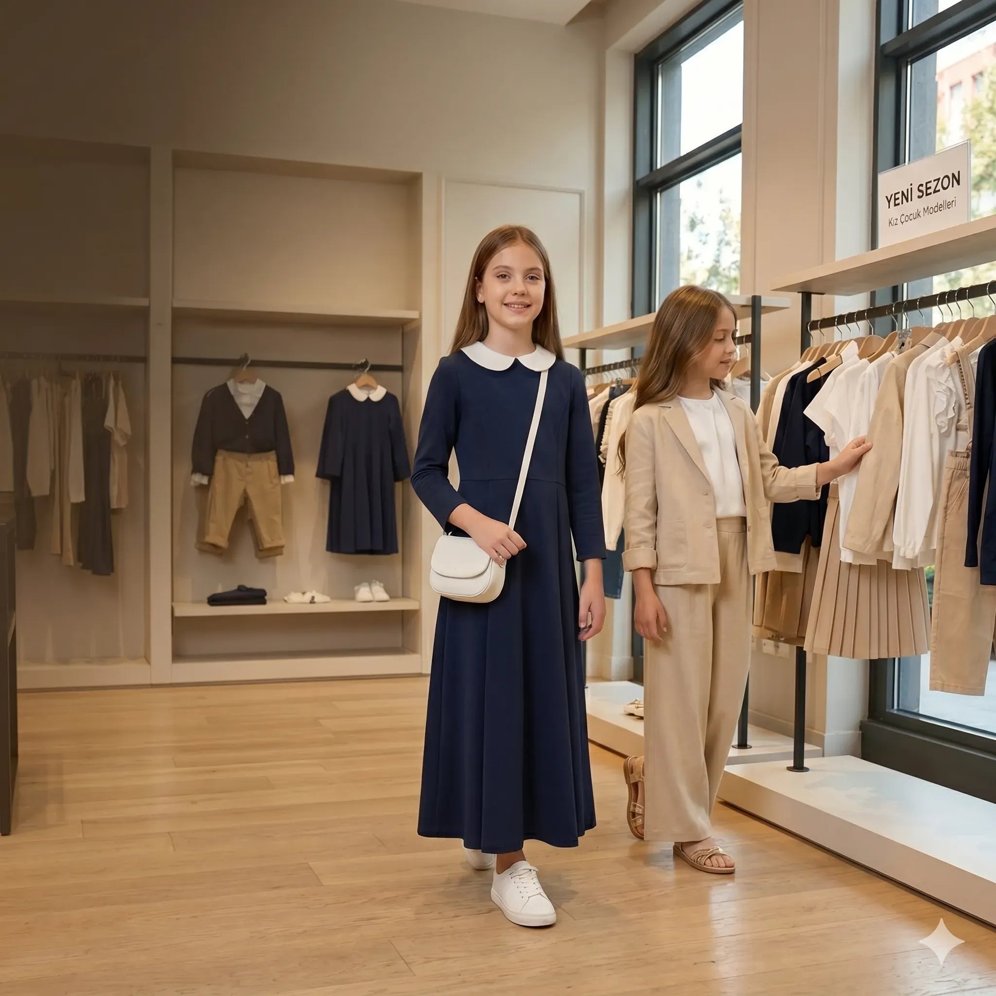 XO Kids lüks butiğinde sergilenen, zarif ve ölçülü tasarımlara sahip trend kız çocuk 10-11 yaş modelleri.