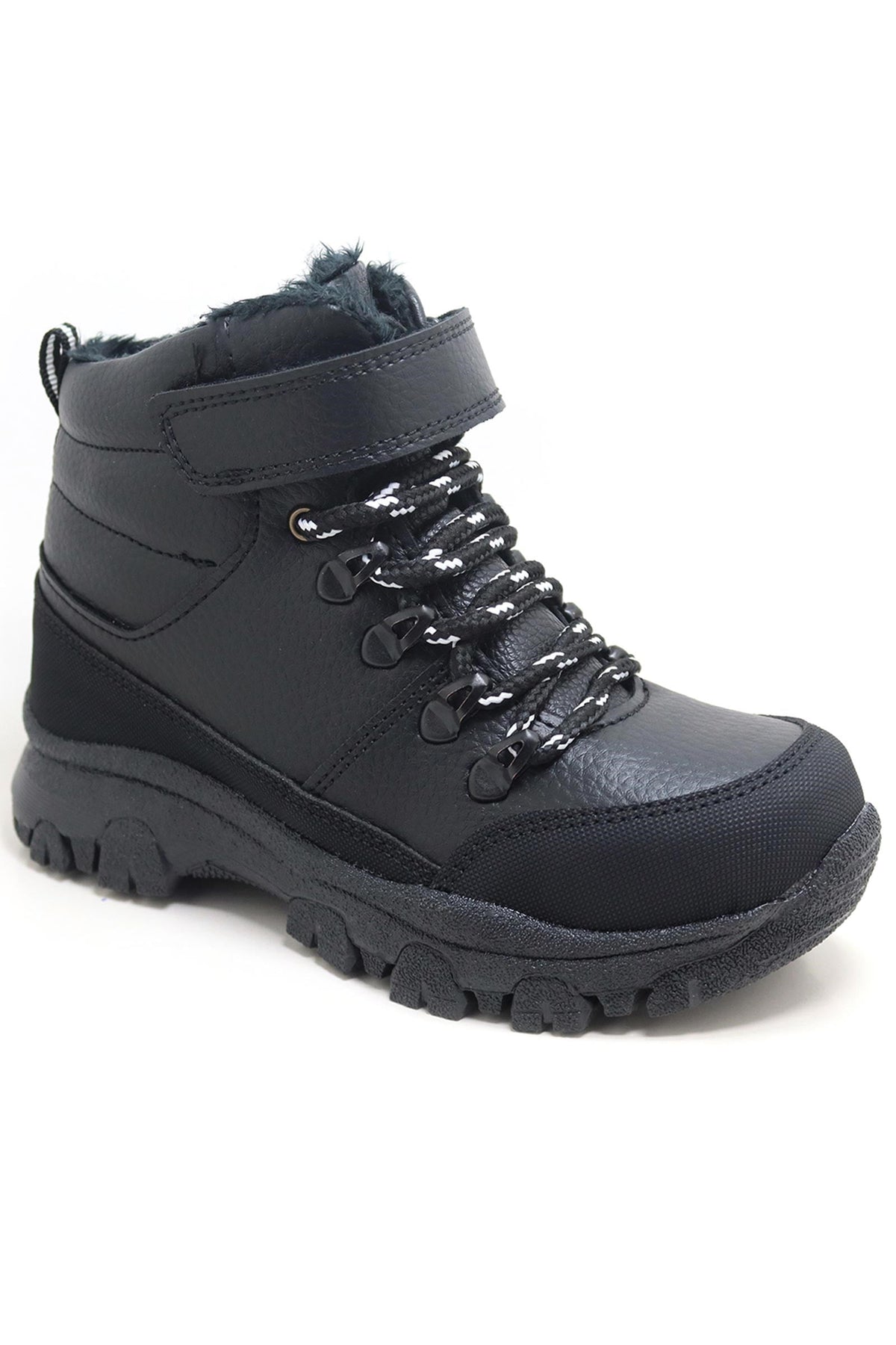 Unisex Çocuk Siyah Kalın Tabanlı Kışlık Trekking Botu