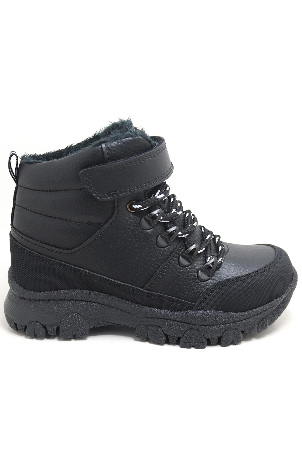 Unisex Çocuk Siyah Kalın Tabanlı Kışlık Trekking Botu