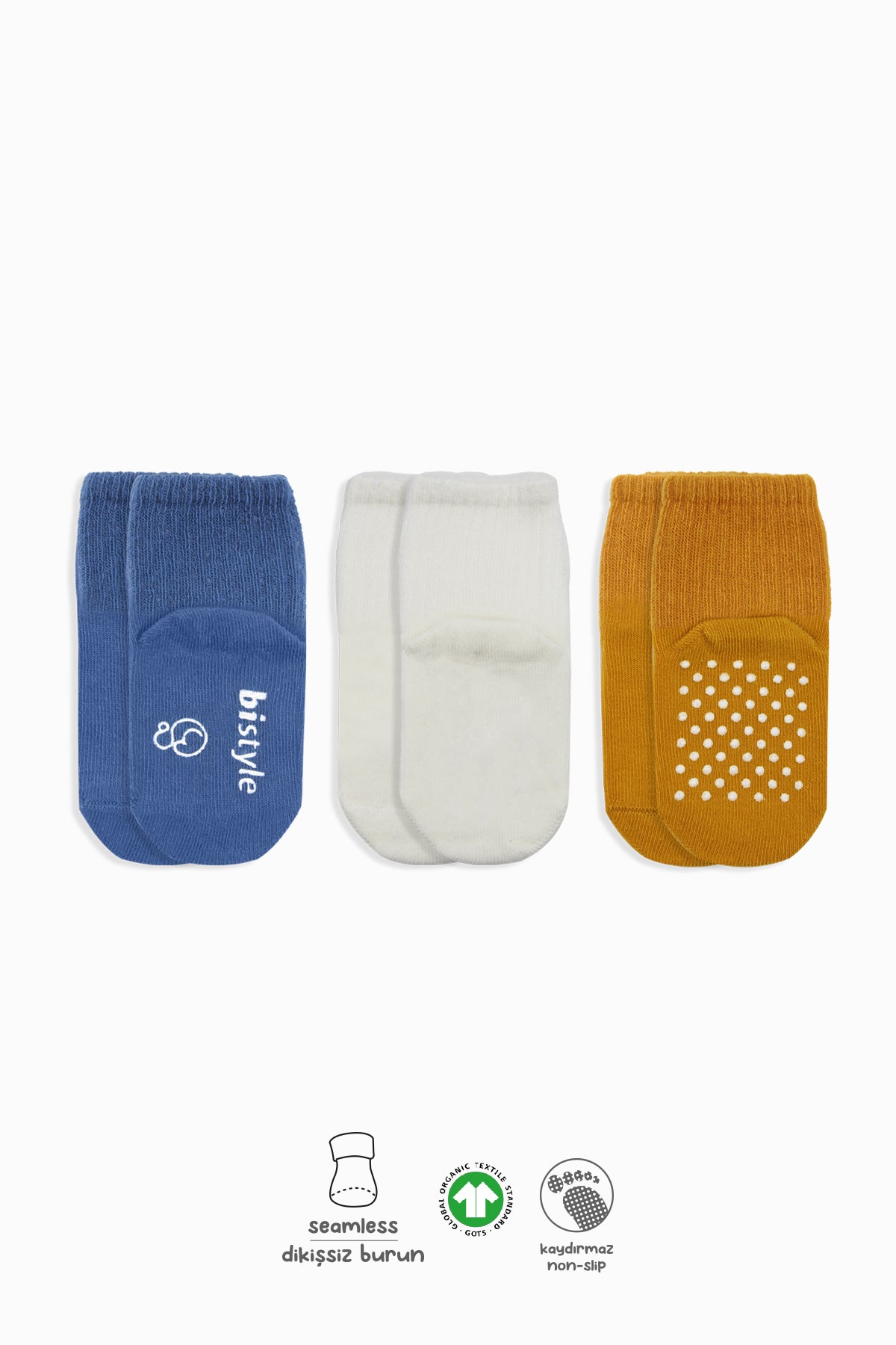Bistyle 3lü Basic Kaymaz Penye Soket Çorap 10107 İndigo Ekru Hardal
