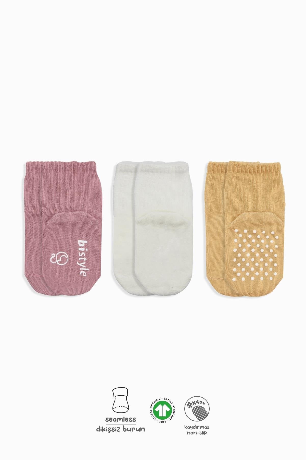 Bistyle 3lü Basic Kaymaz Penye Soket Çorap 10107 Pudra Ekru Somon