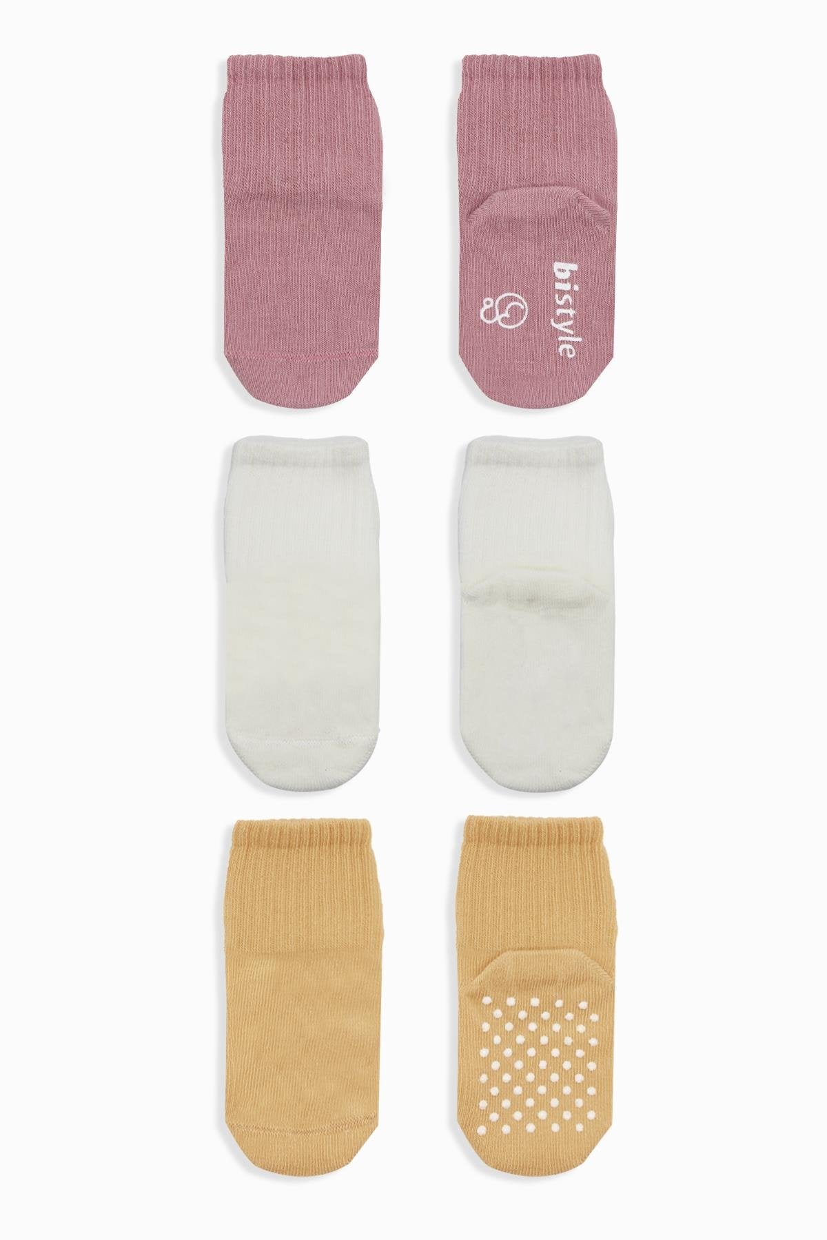 Bistyle 3lü Basic Kaymaz Penye Soket Çorap 10107 Pudra Ekru Somon