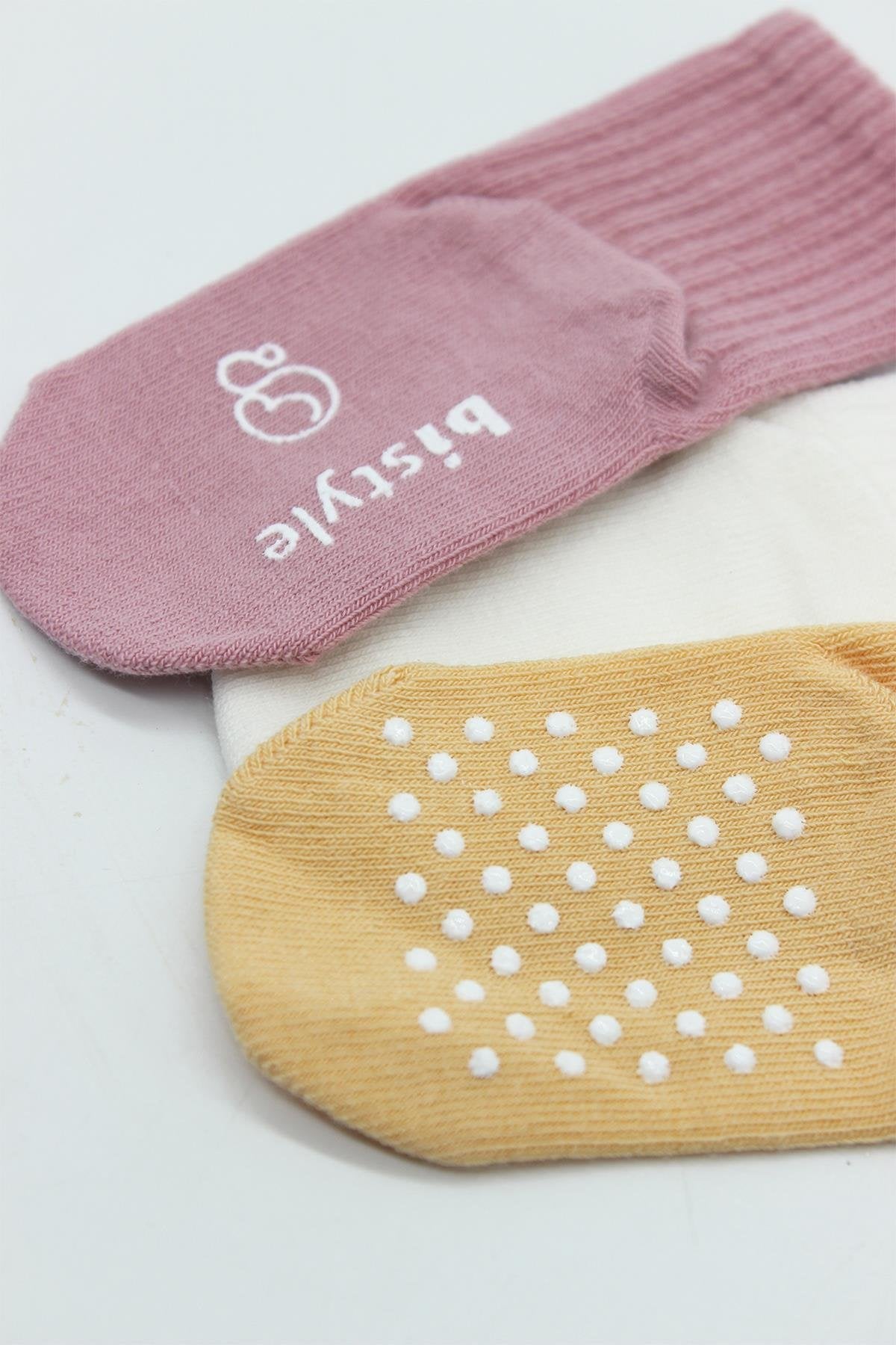 Bistyle 3lü Basic Kaymaz Penye Soket Çorap 10107 Pudra Ekru Somon