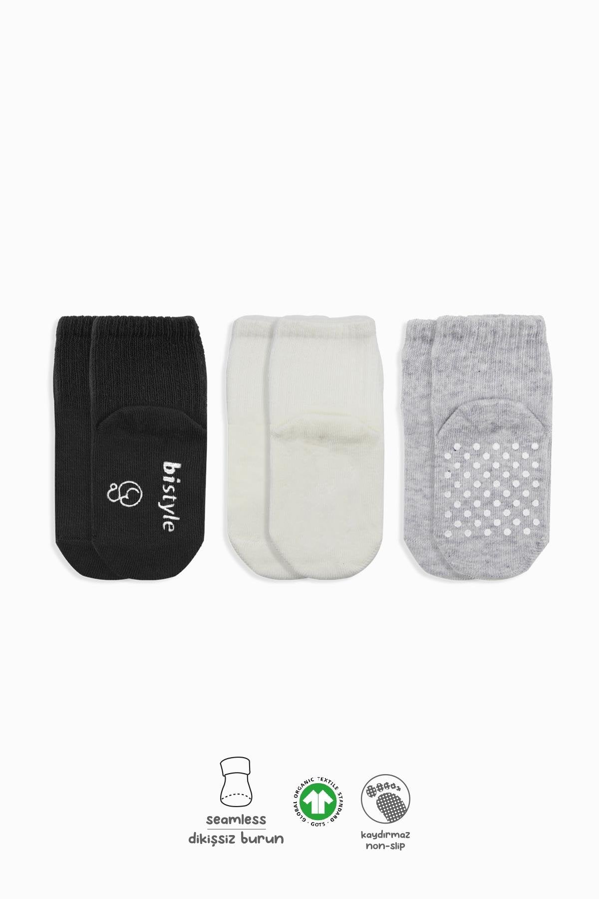 Bistyle 3lü Basic Kaymaz Penye Soket Çorap 10107 Siyah Ekru Gri