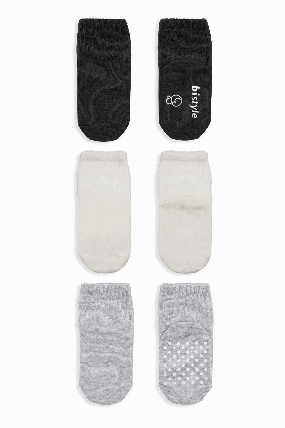 Bistyle 3lü Basic Kaymaz Penye Soket Çorap 10107 Siyah Ekru Gri