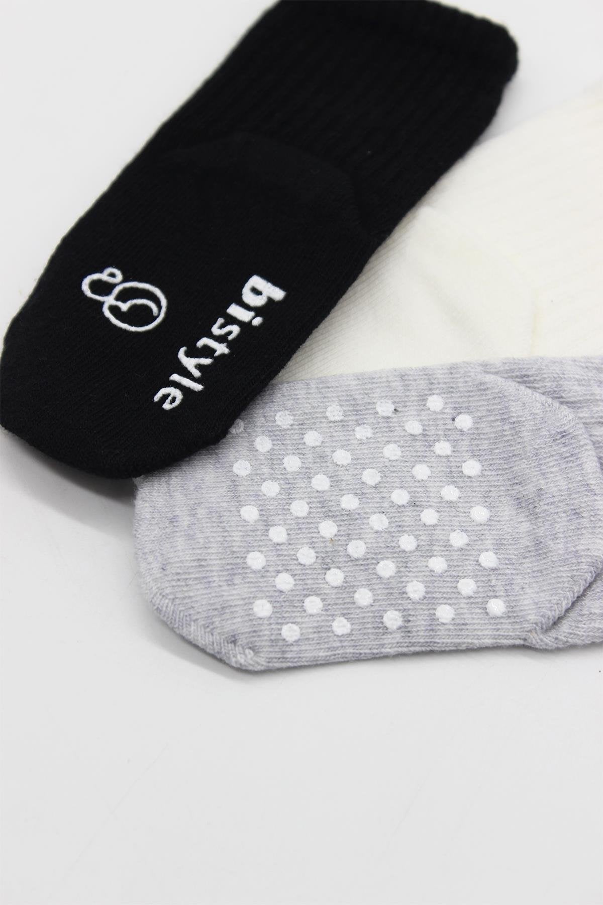 Bistyle 3lü Basic Kaymaz Penye Soket Çorap 10107 Siyah Ekru Gri