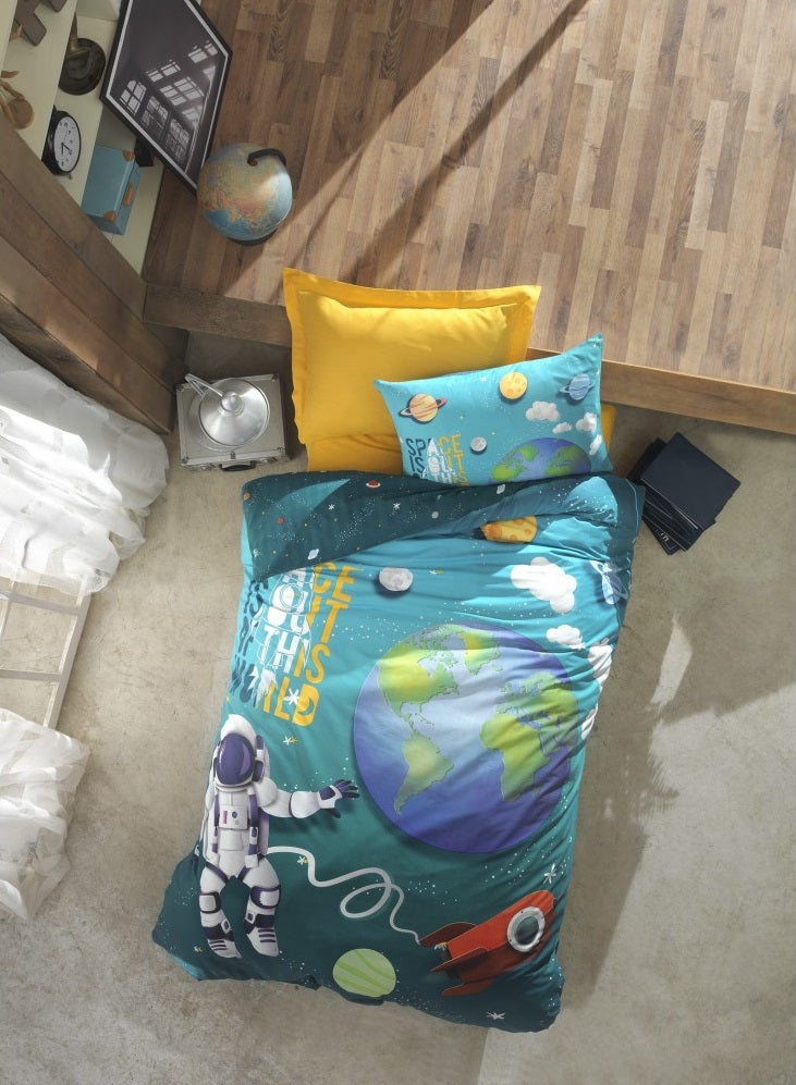 Cotton Box Junior Nevresim Takımı Tek Kişilik Little Astronaut Turkuaz