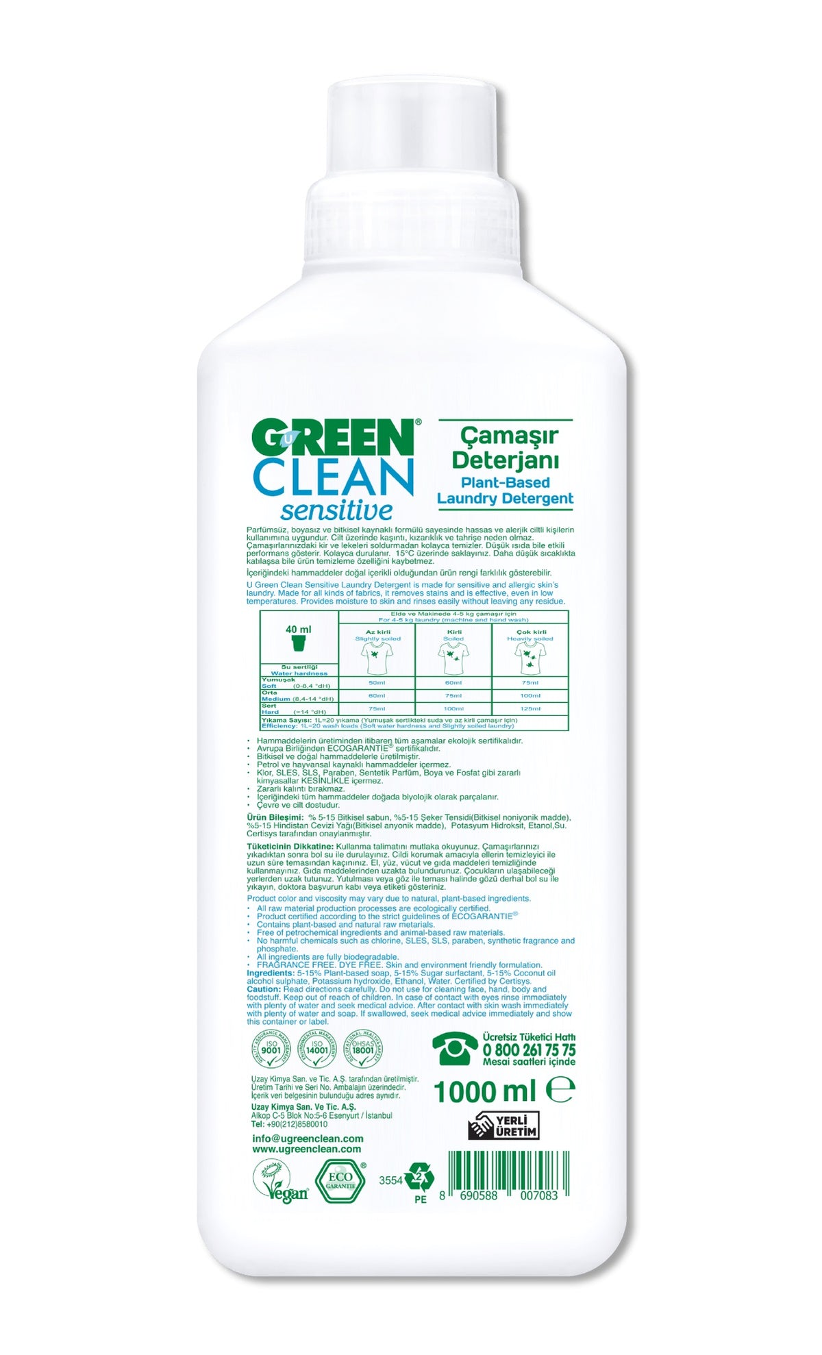 Green Clean Sensitive Parfümsüz Bitkisel Çamaşır Deterjanı 1000 ml