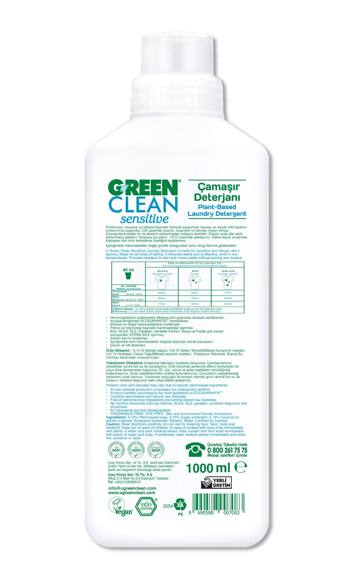 Green Clean Sensitive Parfümsüz Bitkisel Çamaşır Deterjanı 1000 ml