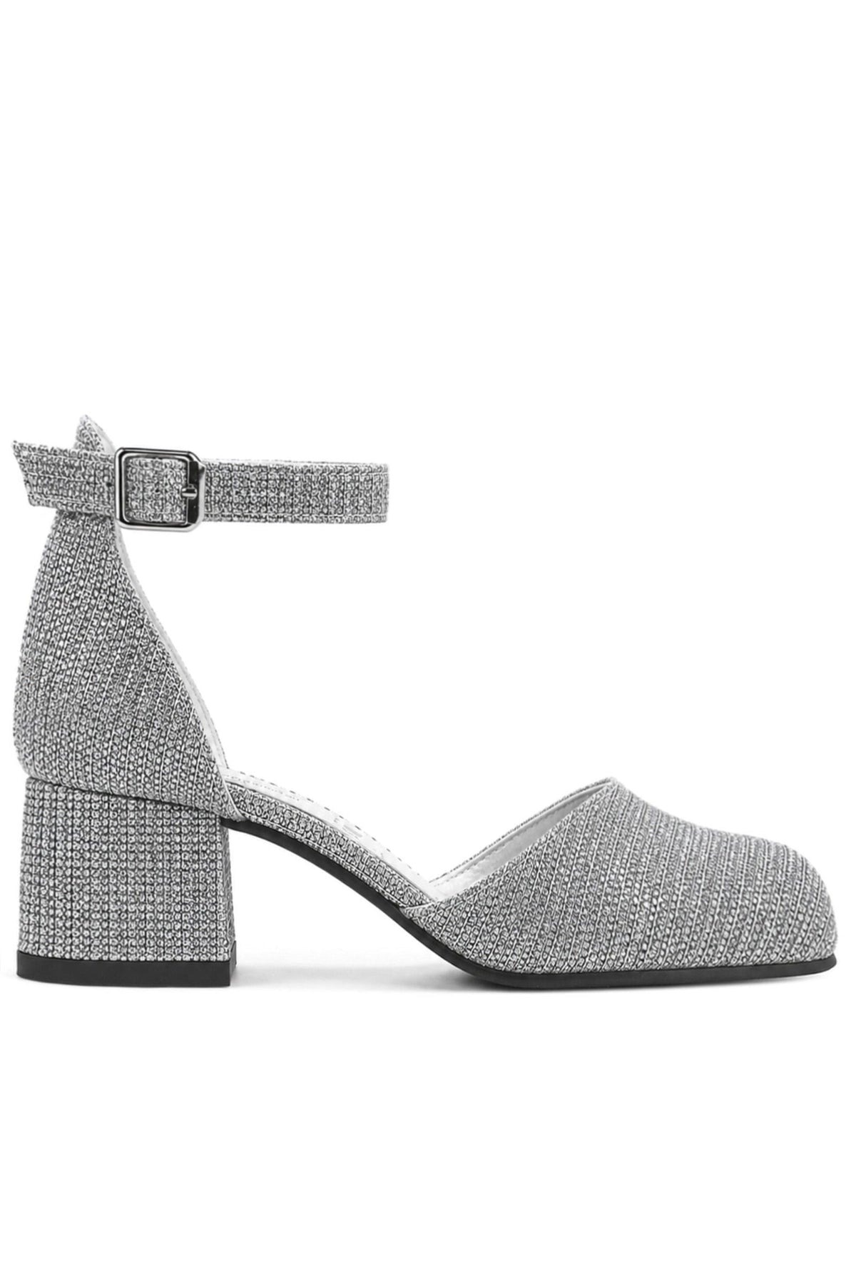 Merida Platin Simli Kalın Topuklu Kız Çocuk Topuklu Ayakkabı