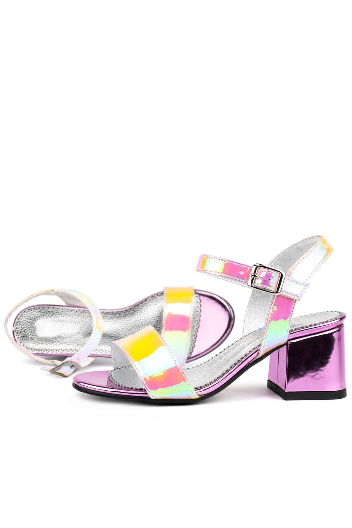 Pony Hologram Pembe-Sarı Kalın Topuklu Kız Çocuk Abiye Ayakkabı