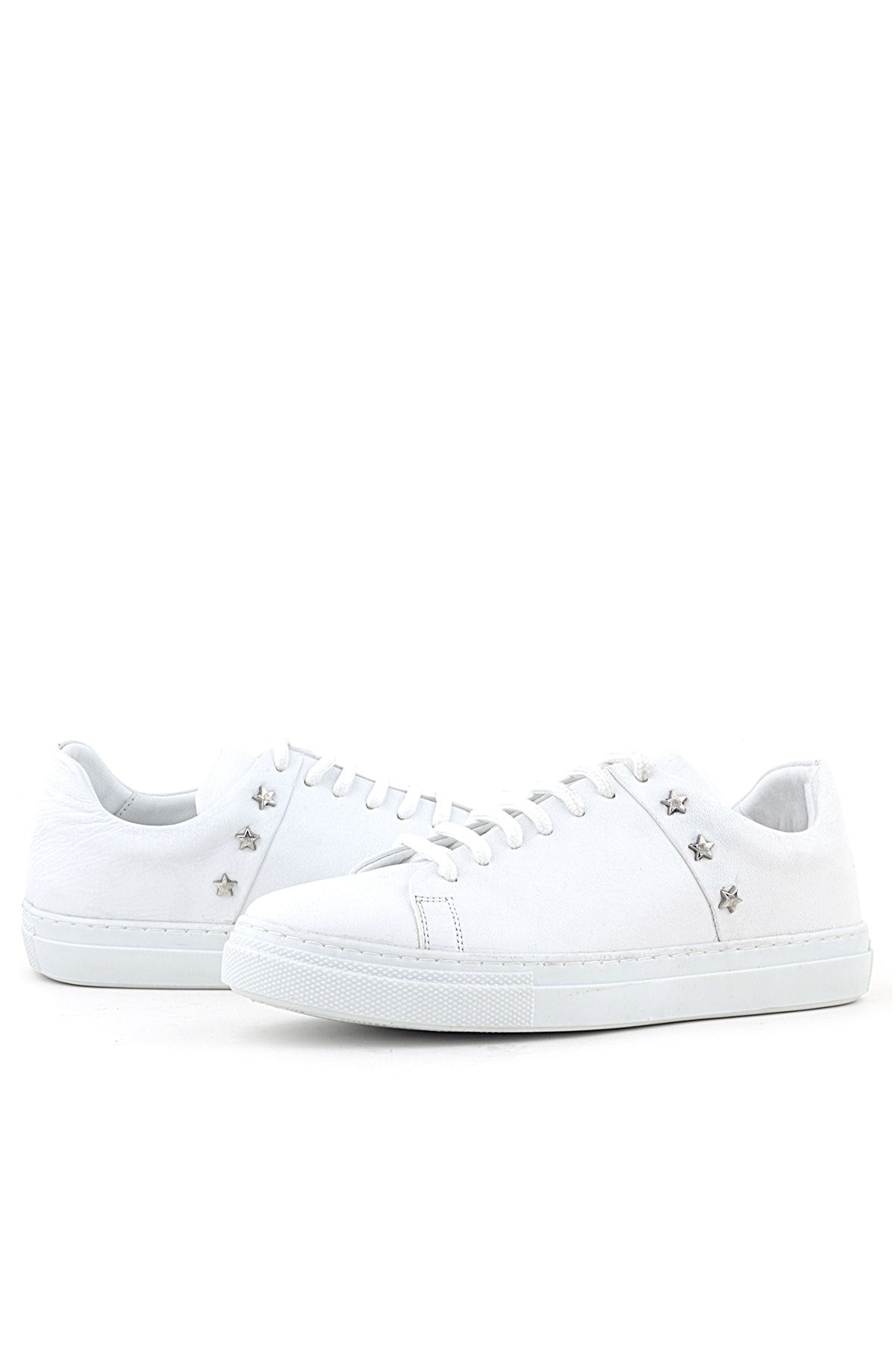 Hakiki Deri Kadın Beyaz Bağcıklı Yıldızlı Sneaker Ayakkabı
