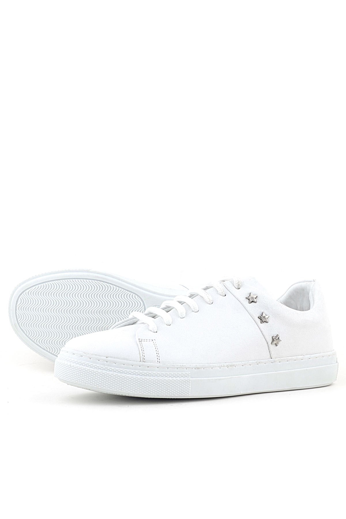 Hakiki Deri Kadın Beyaz Bağcıklı Yıldızlı Sneaker Ayakkabı