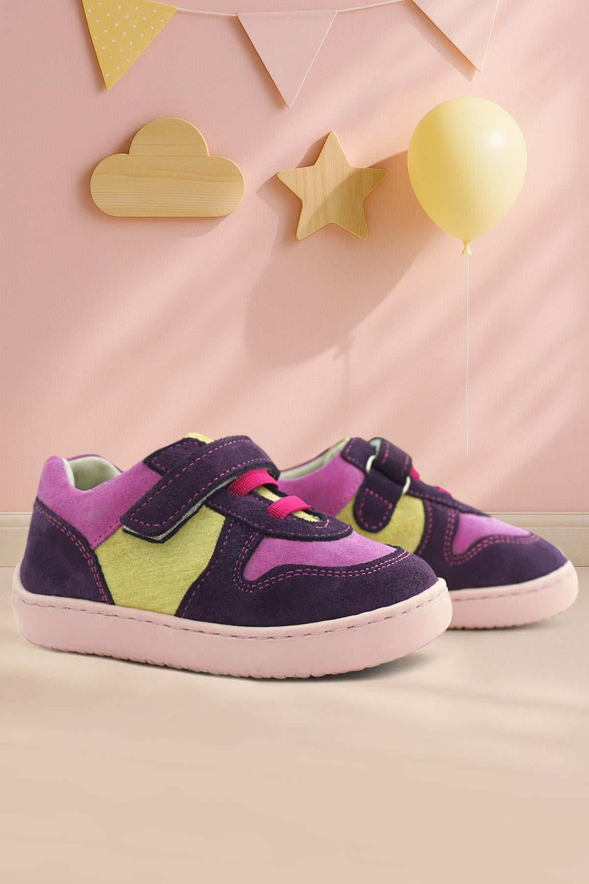 Rakerplus Bob Hakiki Deri Mor Pembe Barefoot Cırtlı Lastikli Bebek Sneaker Ayakkabı
