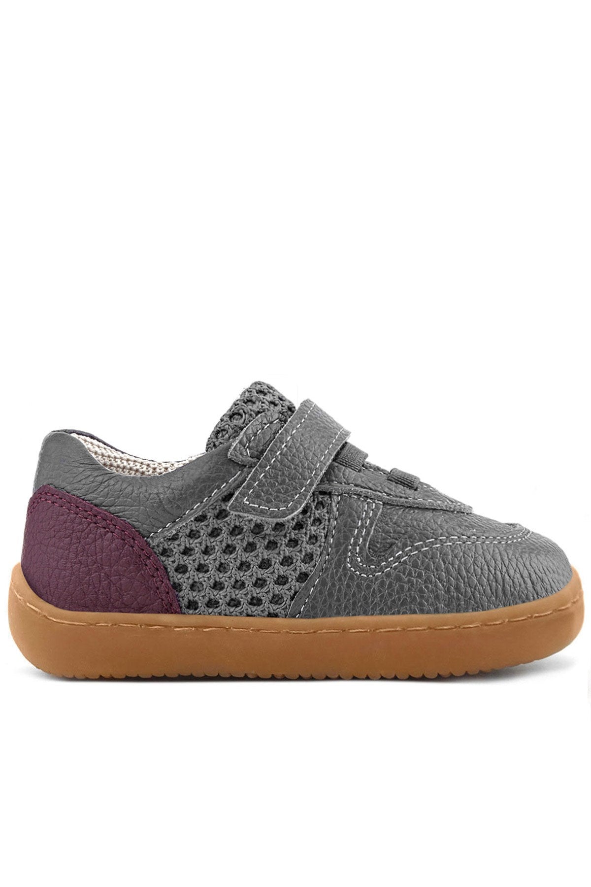 Rakerplus Bob Hakiki Deri Gri Bordo Barefoot Cırtlı Lastikli Bebek Sneaker Ayakkabı