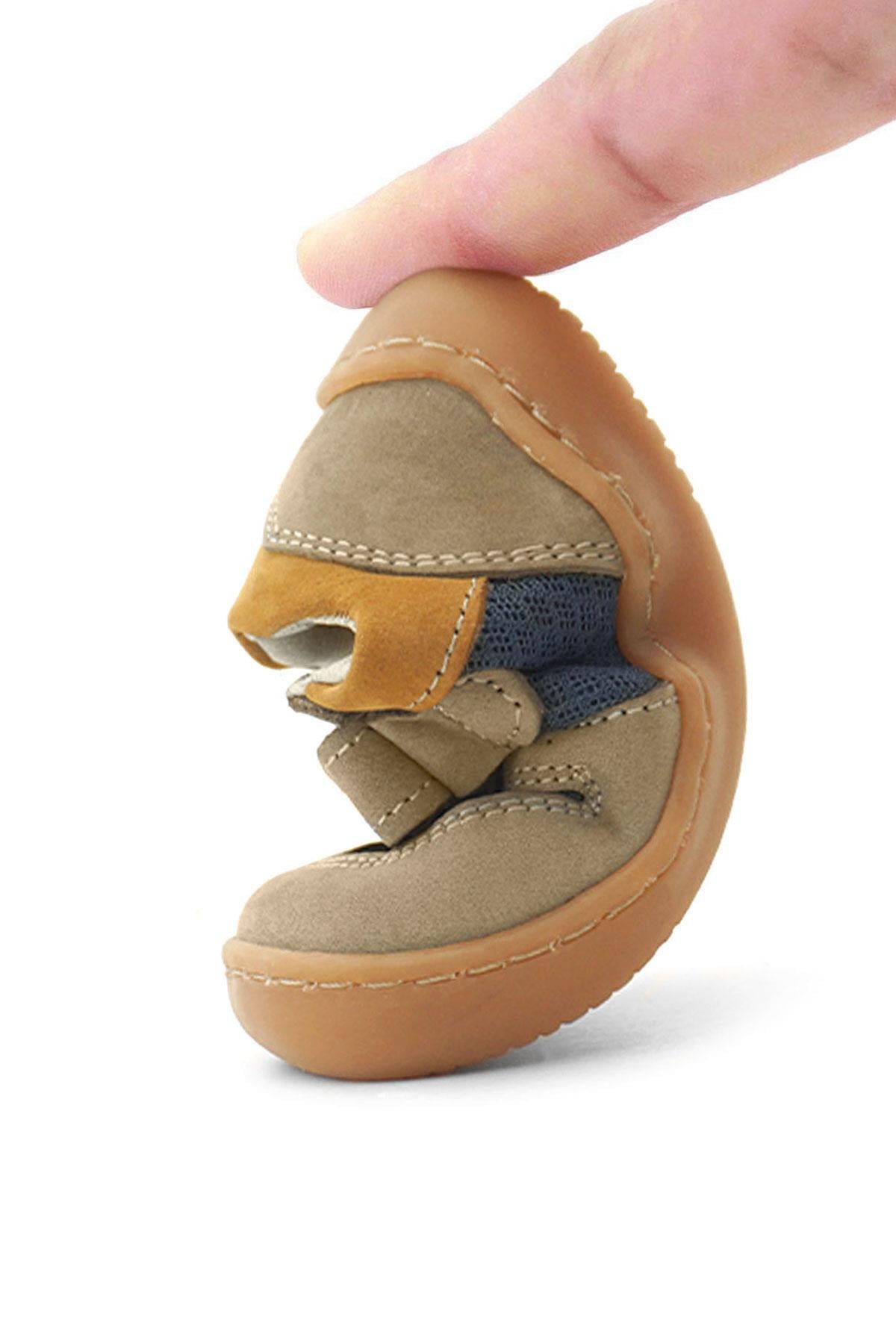Rakerplus Bob Hakiki Deri Kum Rengi Barefoot Cırtlı Lastikli Bebek Sneaker Ayakkabı
