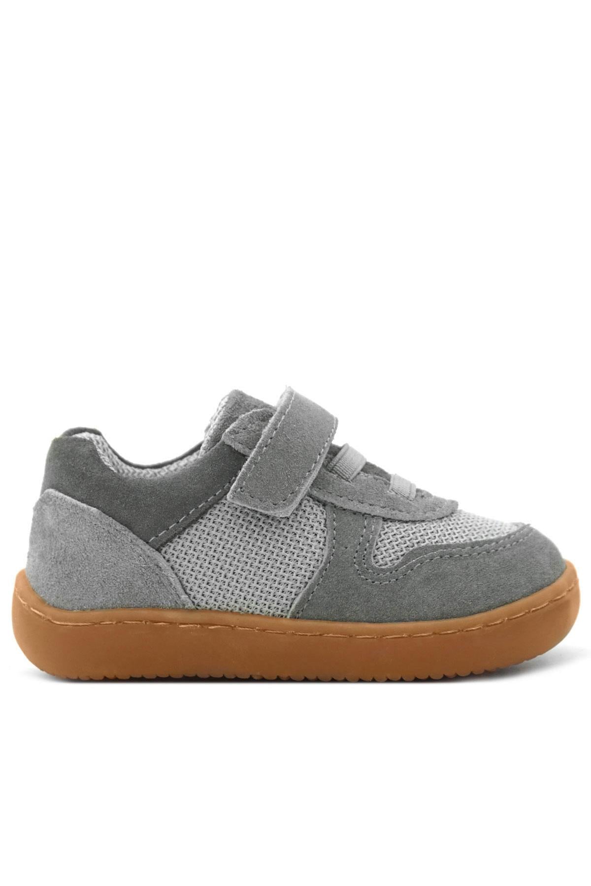 Rakerplus Bob Hakiki Deri Gri Barefoot Cırtlı Lastikli Bebek Sneaker Ayakkabı