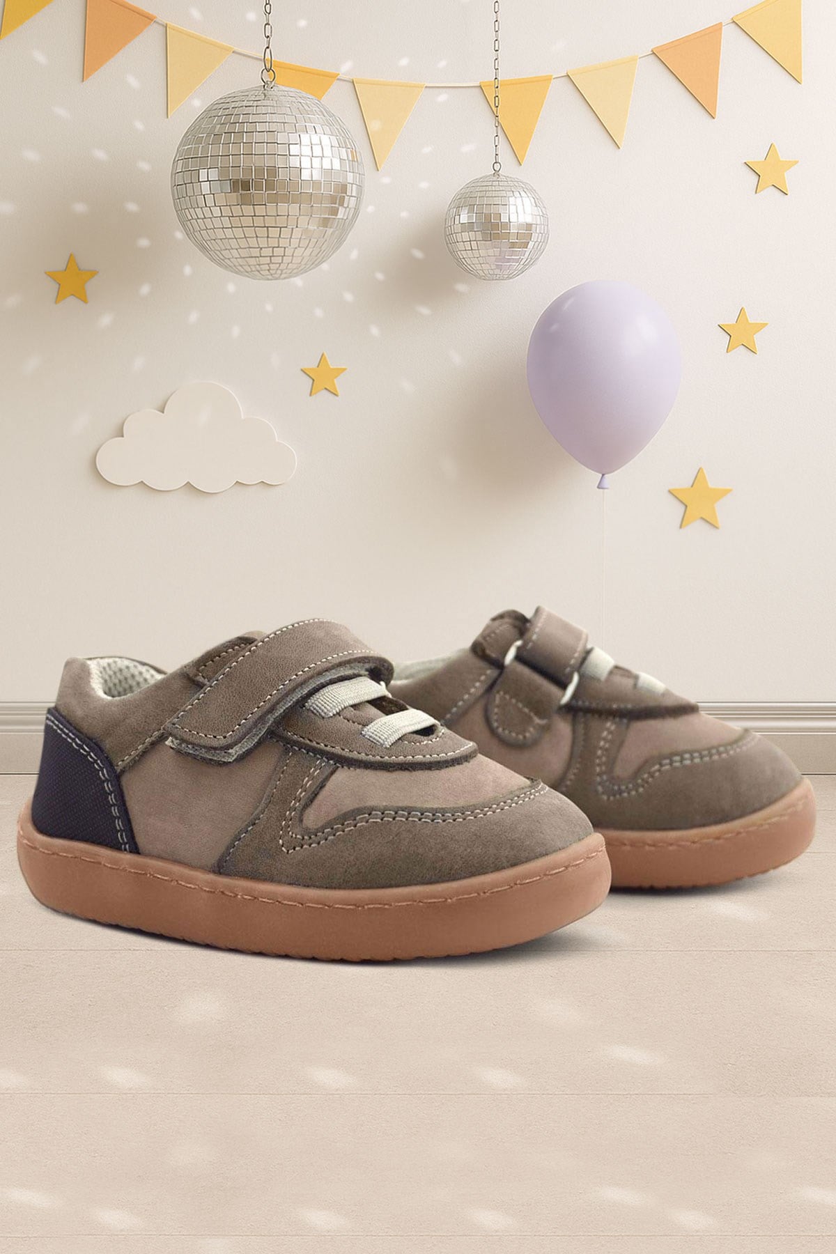 Rakerplus Bob Hakiki Deri Kum Krem Barefoot Cırtlı Lastikli Bebek Sneaker Ayakkabı
