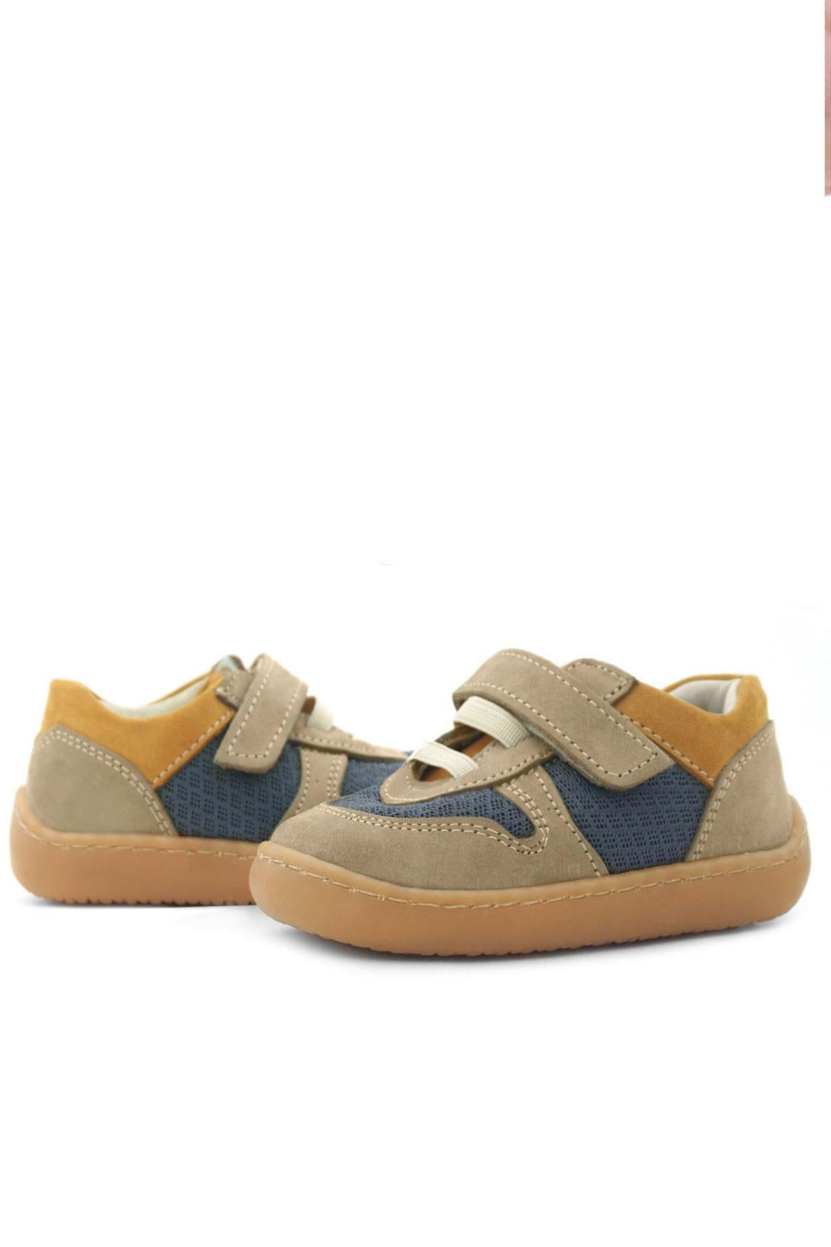 Rakerplus Bob Hakiki Deri Kum Rengi Barefoot Cırtlı Lastikli Bebek Sneaker Ayakkabı