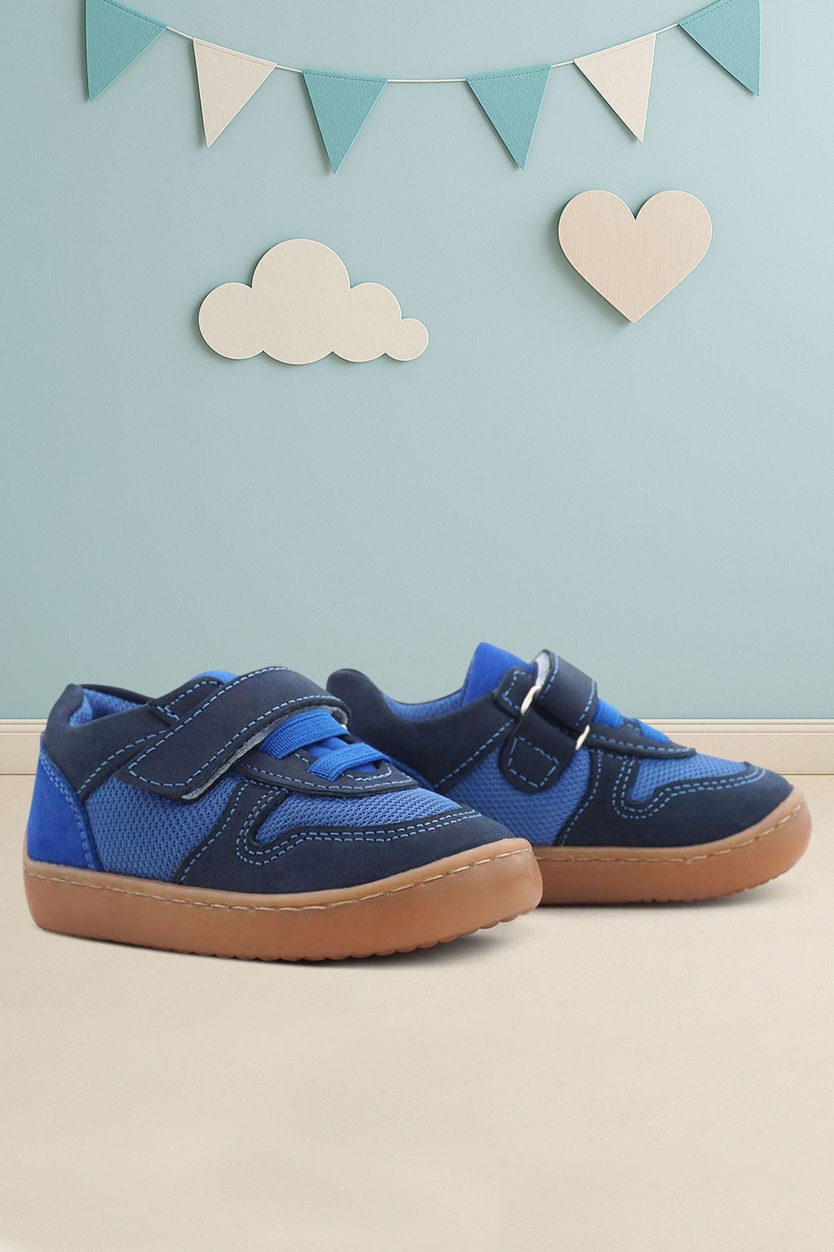 Rakerplus Bob Hakiki Deri Lacivert Mavi Barefoot Cırtlı Lastikli Bebek Sneaker Ayakkabı