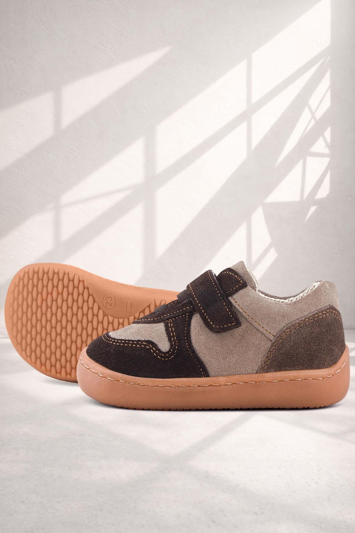 Rakerplus Bob Hakiki Deri Kum Kahve Barefoot Cırtlı Lastikli Bebek Sneaker Ayakkabı