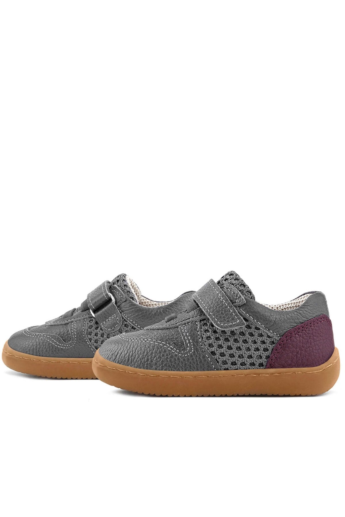 Rakerplus Bob Hakiki Deri Gri Bordo Barefoot Cırtlı Lastikli Bebek Sneaker Ayakkabı