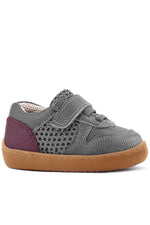 Rakerplus Bob Hakiki Deri Gri Bordo Barefoot Cırtlı Lastikli Bebek Sneaker Ayakkabı