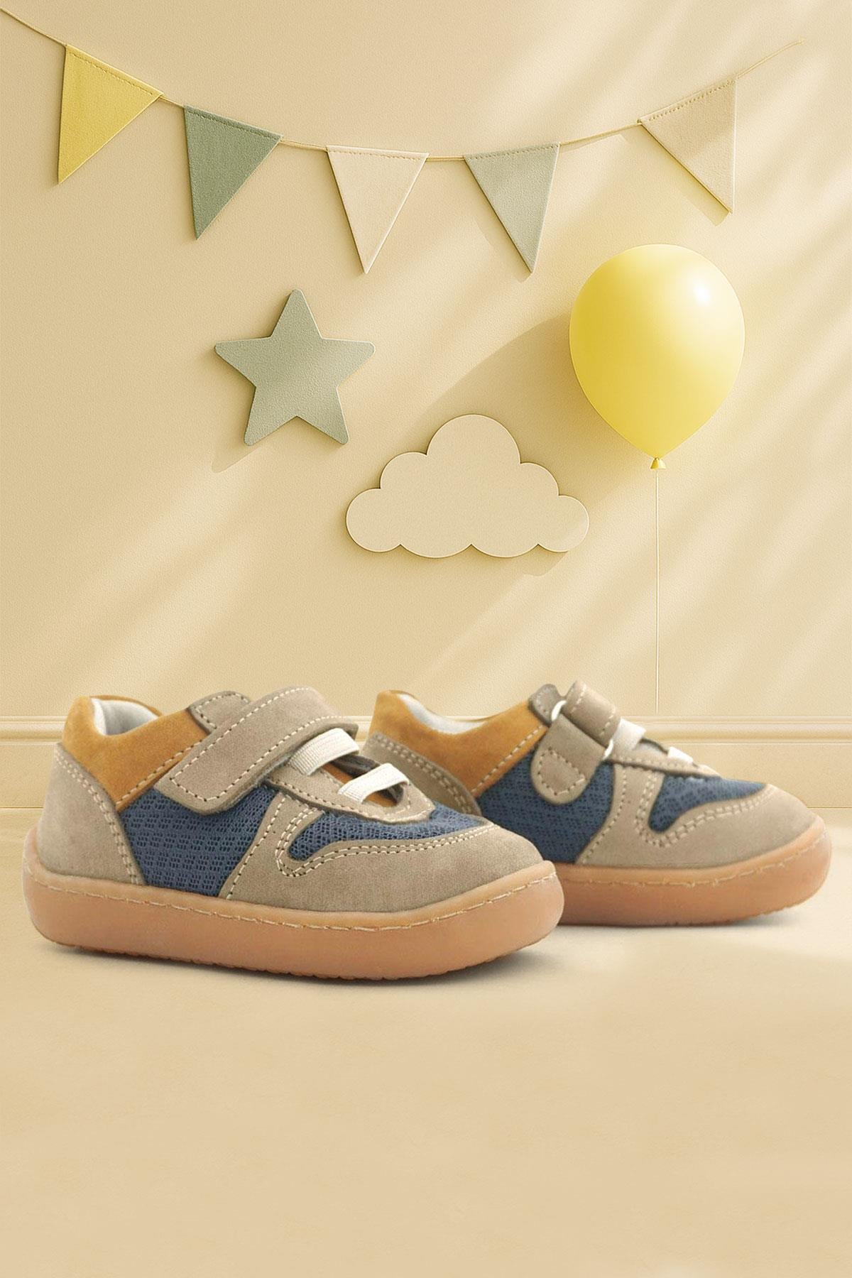 Rakerplus Bob Hakiki Deri Kum Rengi Barefoot Cırtlı Lastikli Bebek Sneaker Ayakkabı