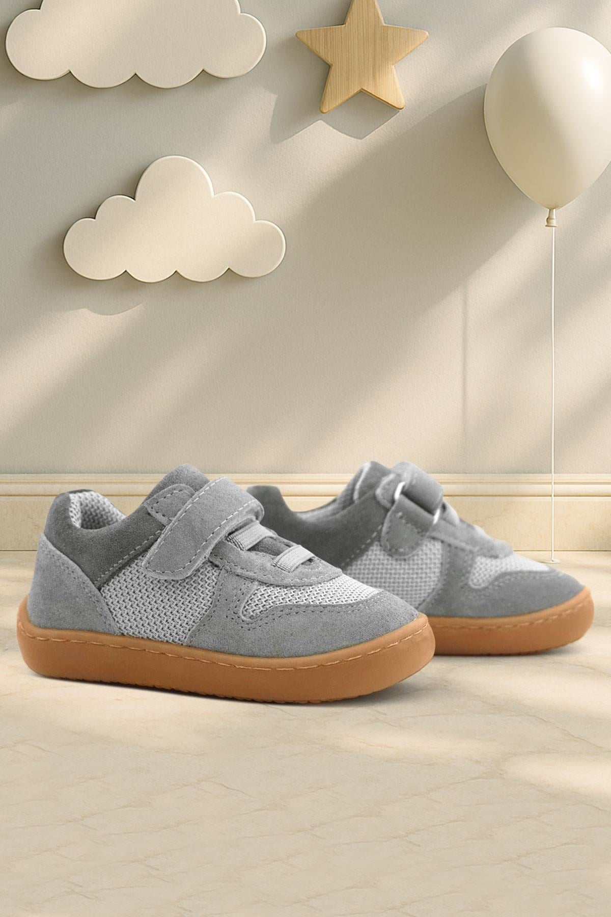 Rakerplus Bob Hakiki Deri Gri Barefoot Cırtlı Lastikli Bebek Sneaker Ayakkabı