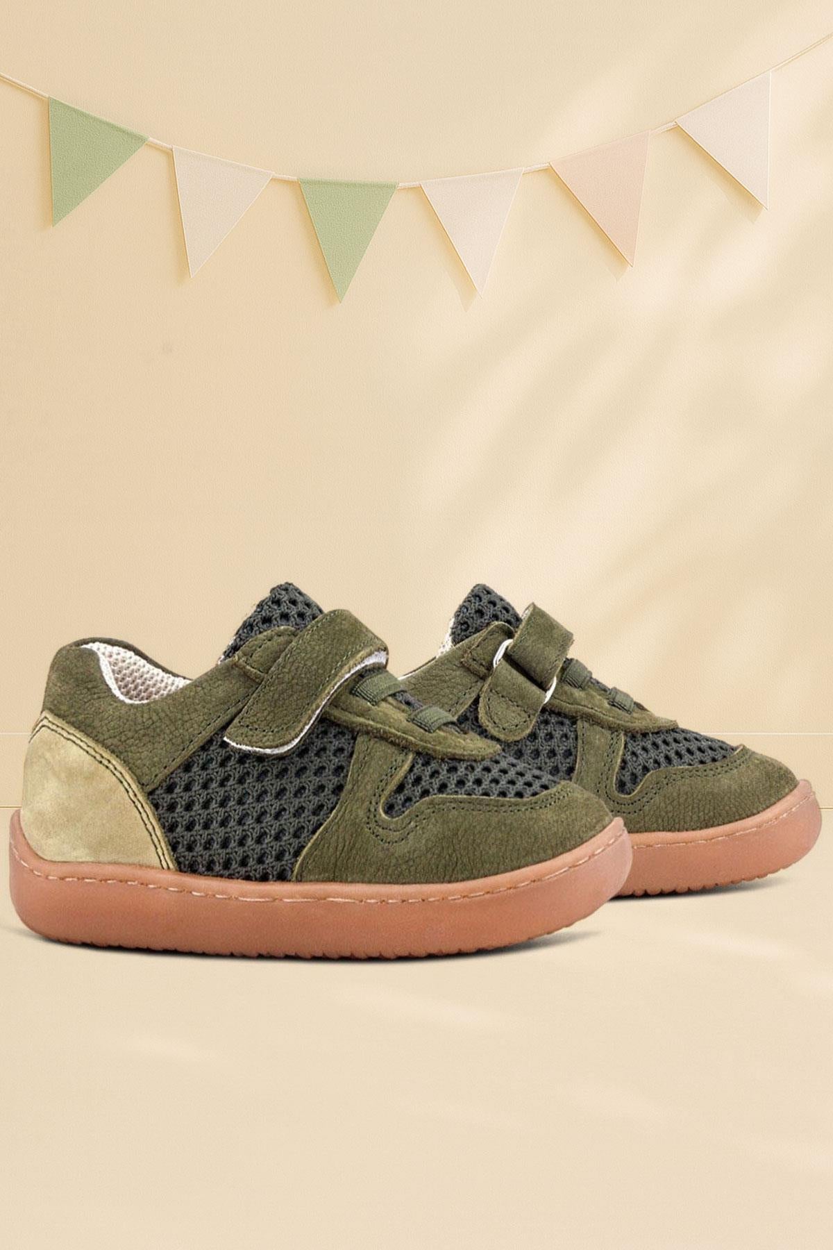 Rakerplus Bob Hakiki Deri Haki Yeşil Barefoot Cırtlı Lastikli Bebek Sneaker Ayakkabı