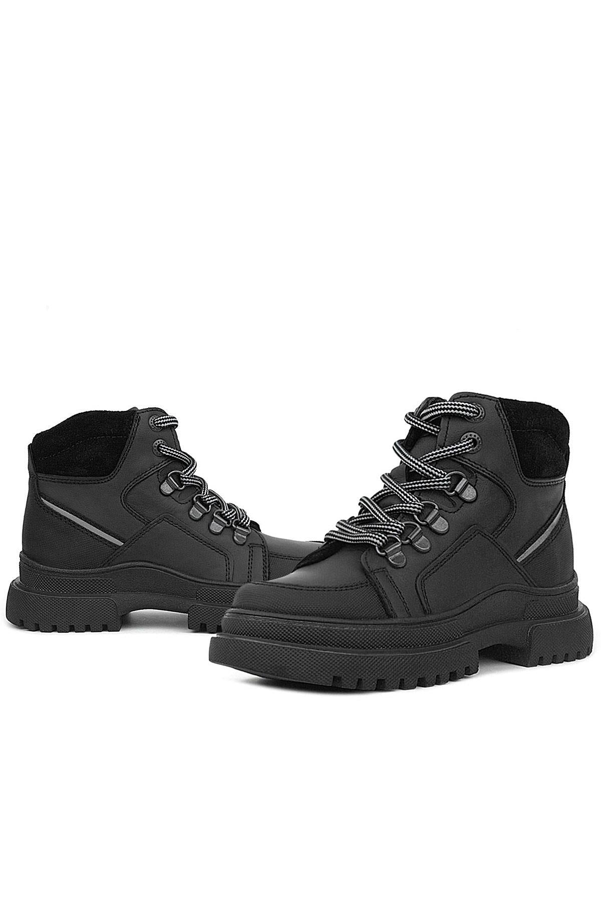 Rakerplus Hakiki Deri Siyah Cilt Fermuarlı Bağcıklı Çocuk Bot