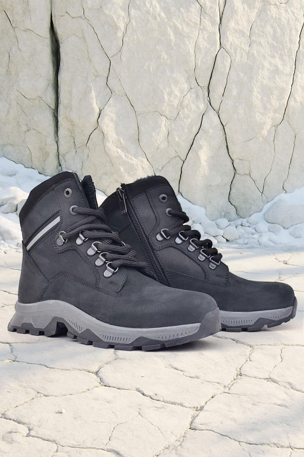 Rakerplus Hakiki Deri Siyah Süet Bağcıklı Fermuarlı Trekking Çocuk Bot