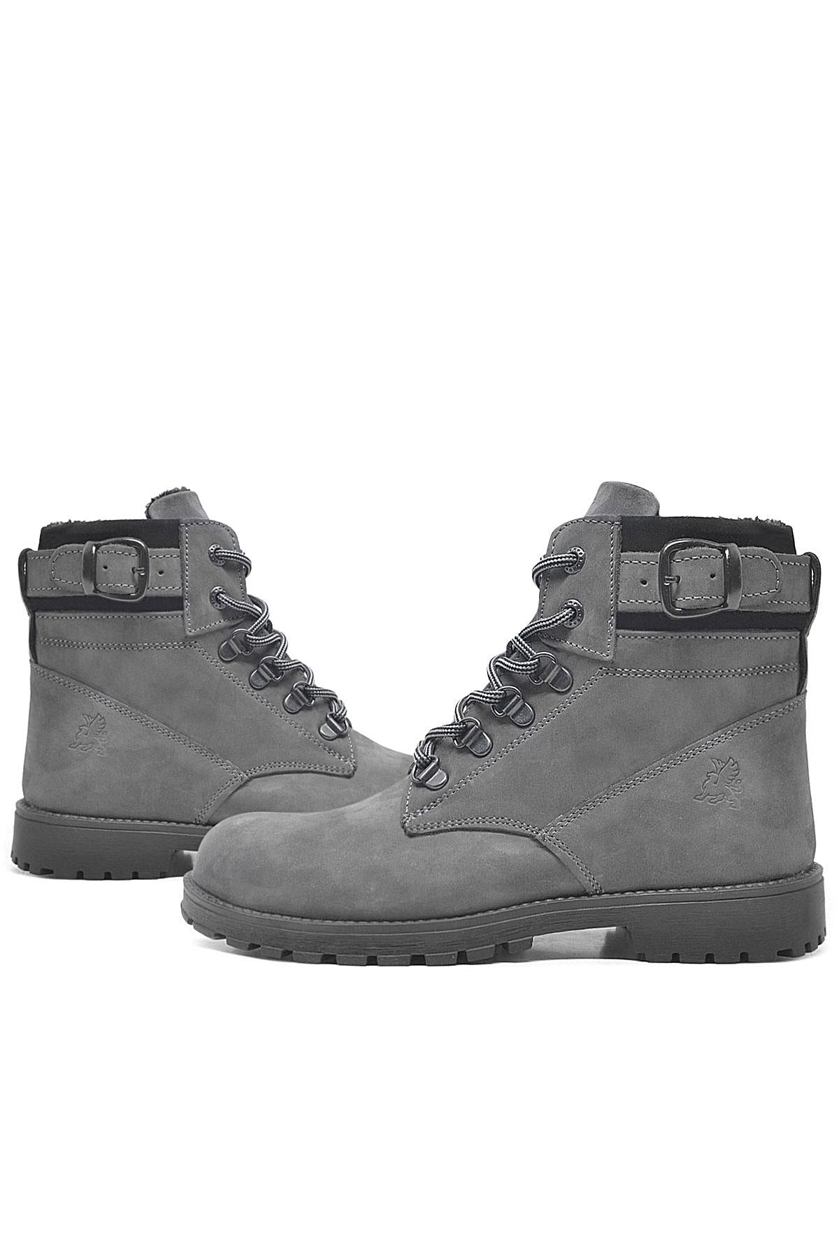 Rakerplus Hakiki Deri Gri Fermuarlı Bağcıklı Kürklü Bot