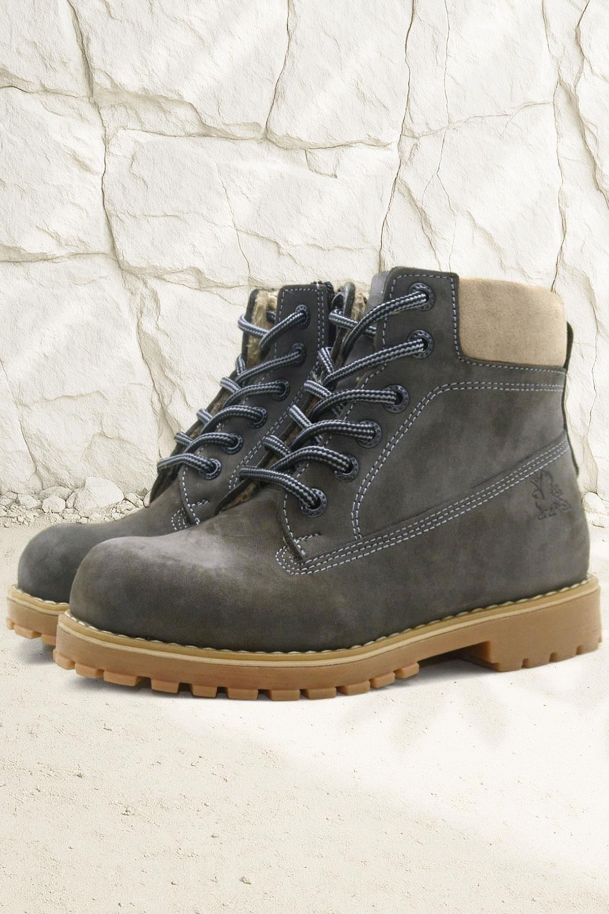 Rakerplus Neson Hakiki Deri Rahat Gri Fermuarlı Unisex Çocuk Bot