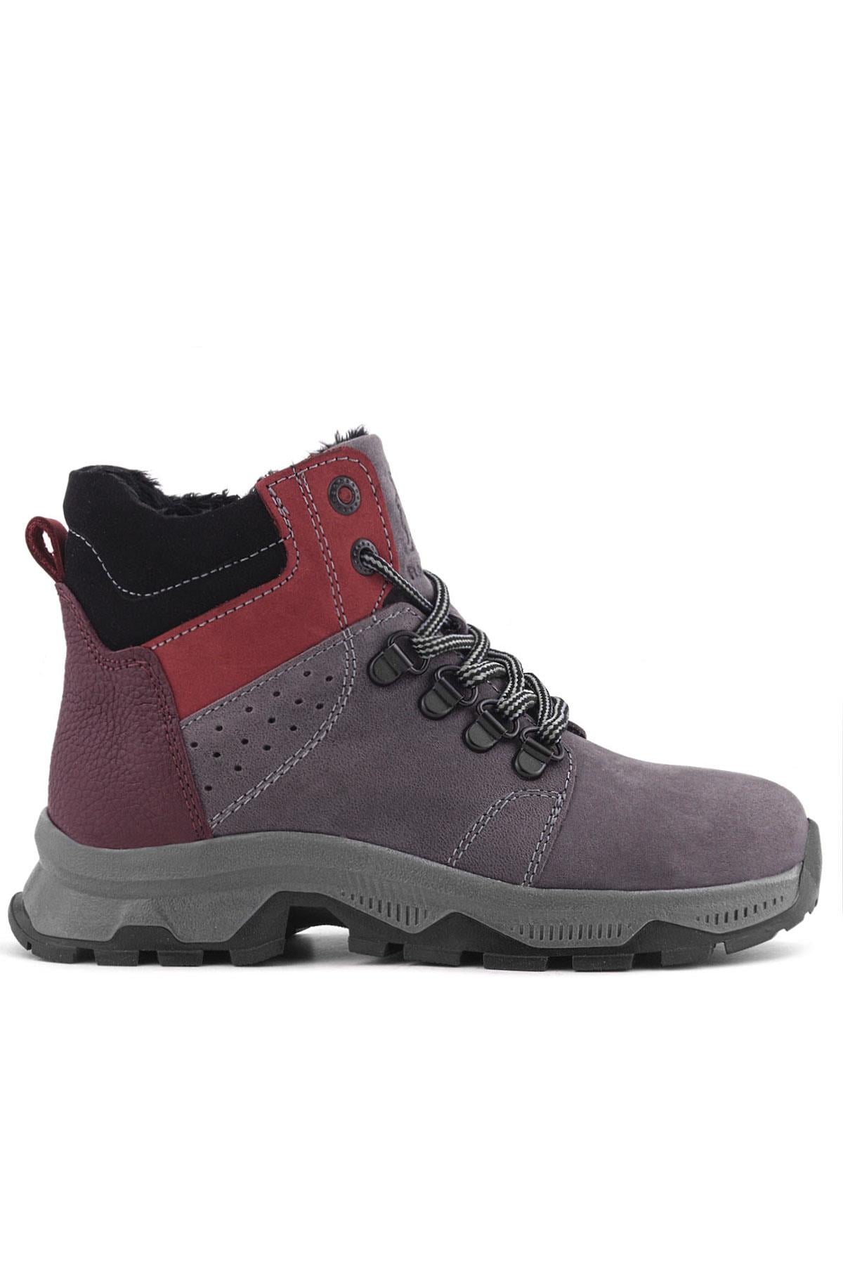 Rakerplus Hakiki Deri Gri Bordo Fermuarlı Trekking Çocuk Bot
