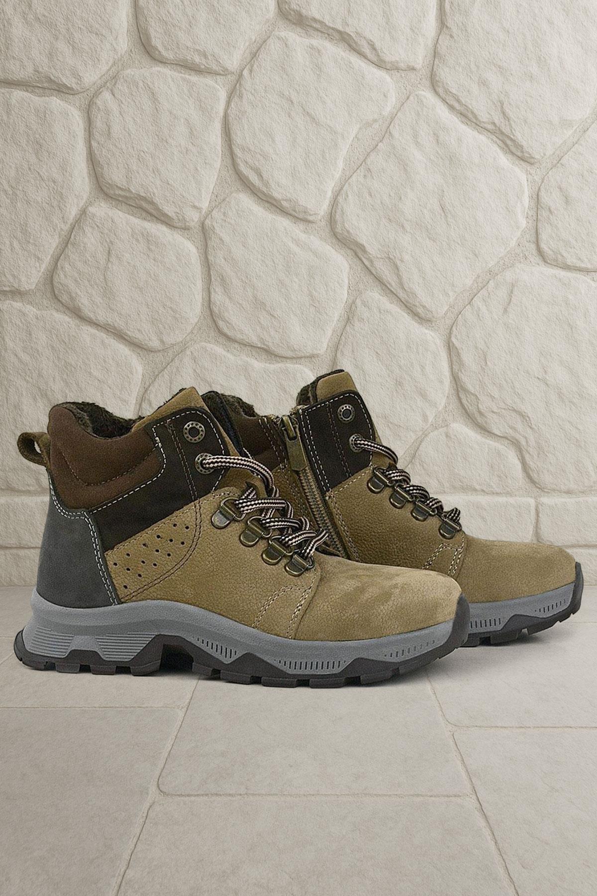 Rakerplus Hakiki Deri Kum Rengi Fermuarlı Trekking Çocuk Bot