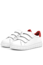 Rakerplus Hakiki Deri Beyaz Kırmızı Cırtlı Çocuk Günlük Spor Okul Ayakkabı