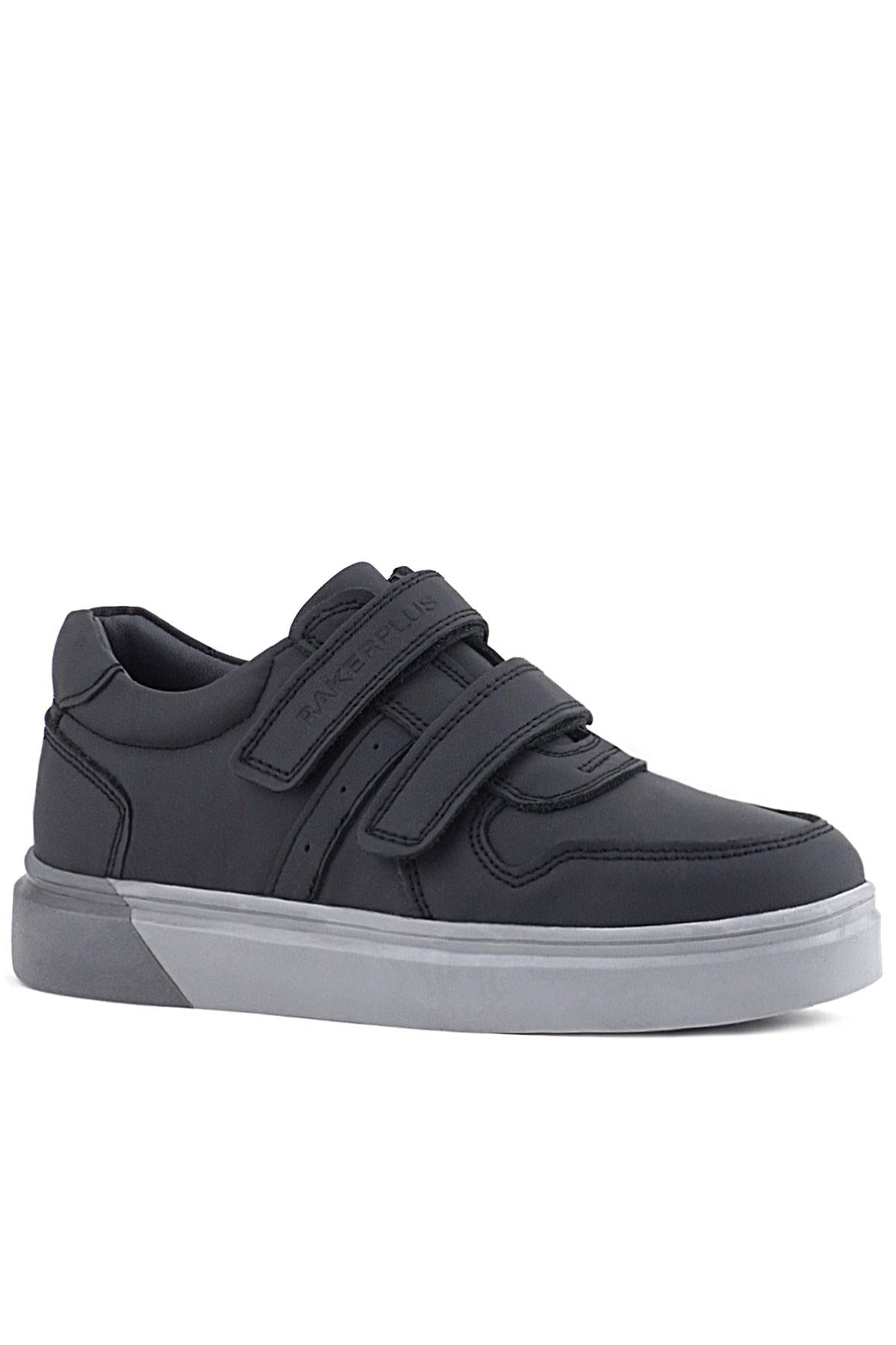 Rakerplus Hakiki Deri Siyah Cilt Gri Tabanlı Cırtlı Erkek Çocuk Sneaker