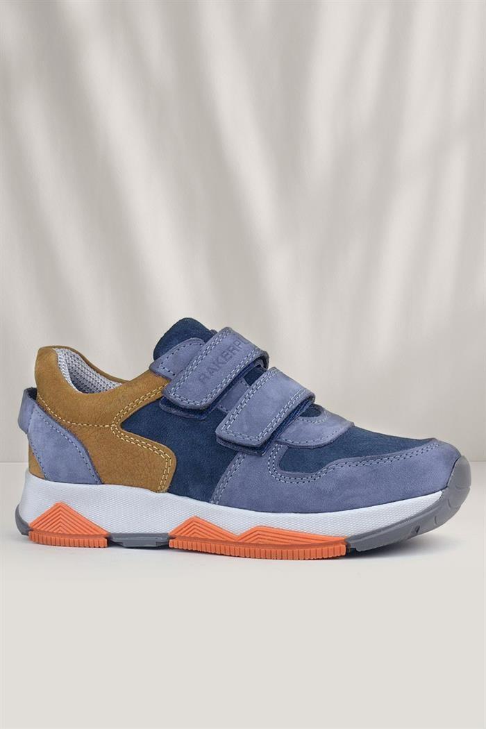 Rakerplus Hakiki Deri Mavi Süet Taba Çocuk Cırtlı Sneakers Spor Ayakkabı