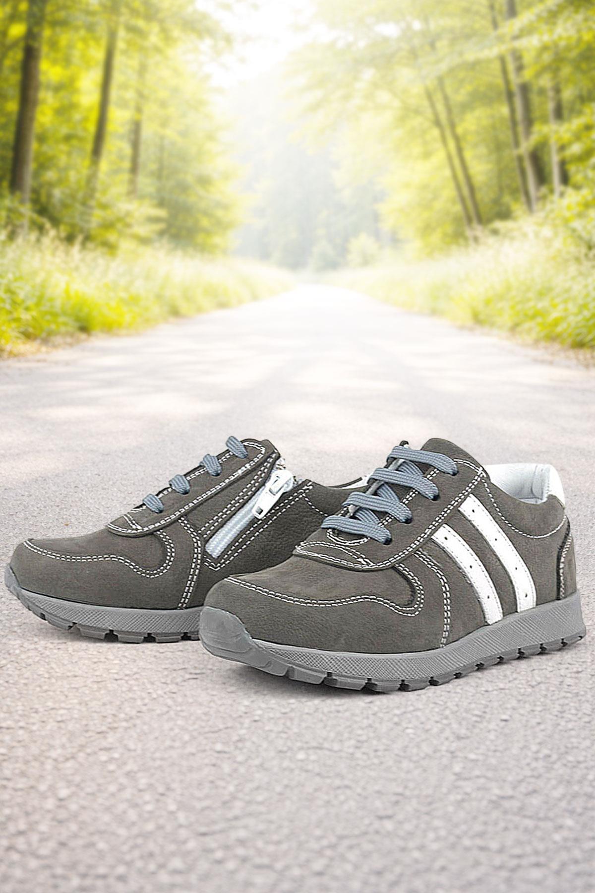 Rakerplus Deri Gri Fermuarlı Spor Ayakkabı Sneaker