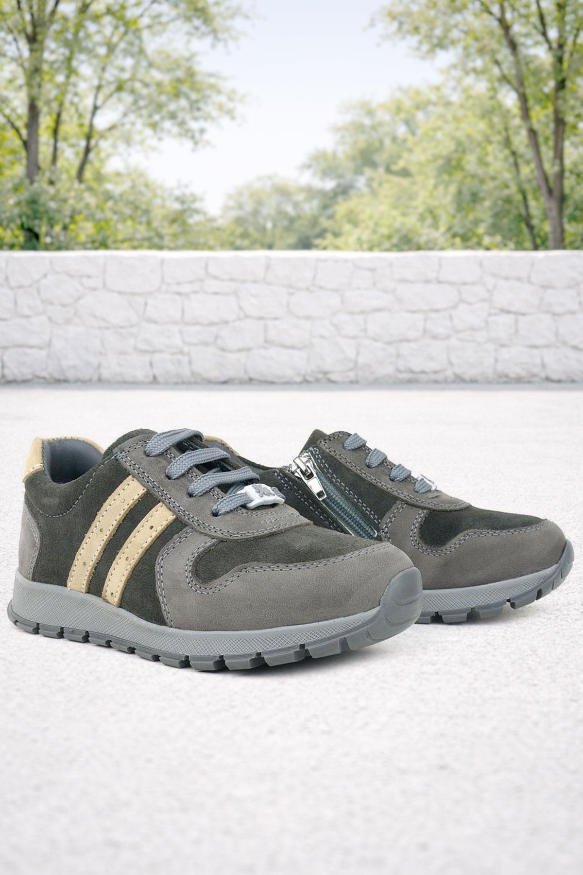 Rakerplus Deri Gri Kum Rengi Fermuarlı Sneaker Spor Ayakkabı