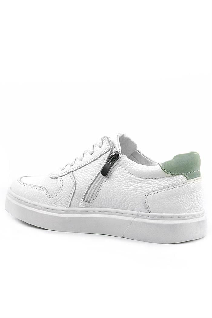 Rakerplus Hakiki Deri Beyaz Yeşil Bağcıklı Fermuarlı Çocuk Sneaker