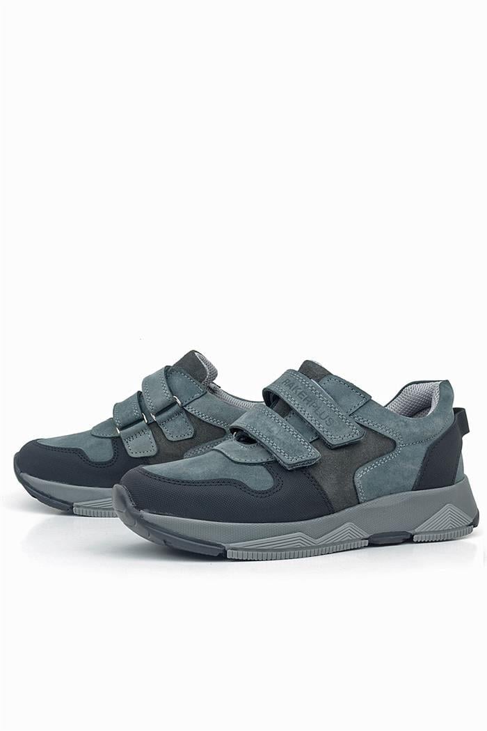 Rakerplus Hakiki Deri Koyu Gri Siyah Çocuk Cırtlı Sneakers Spor Ayakkabı