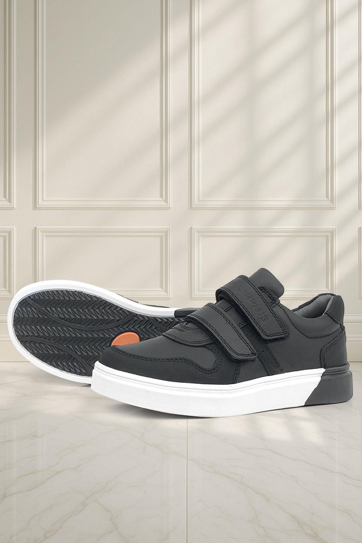 Rakerplus Hakiki Deri Siyah Beyaz Cırtlı Erkek Çocuk Sneaker