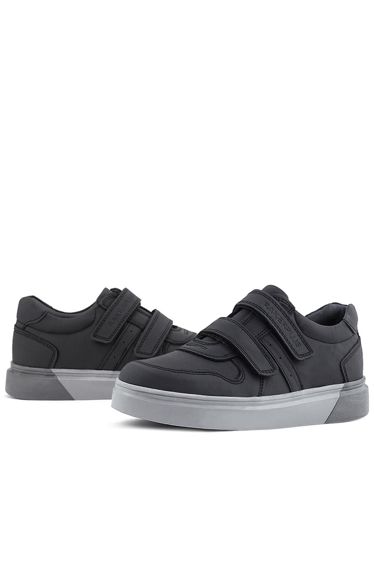 Rakerplus Hakiki Deri Siyah Cilt Gri Tabanlı Cırtlı Erkek Çocuk Sneaker