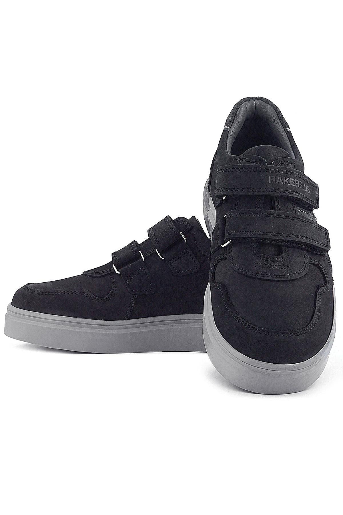 Rakerplus Hakiki Deri Siyah Nubuk Gri Cırtlı Erkek Çocuk Sneaker