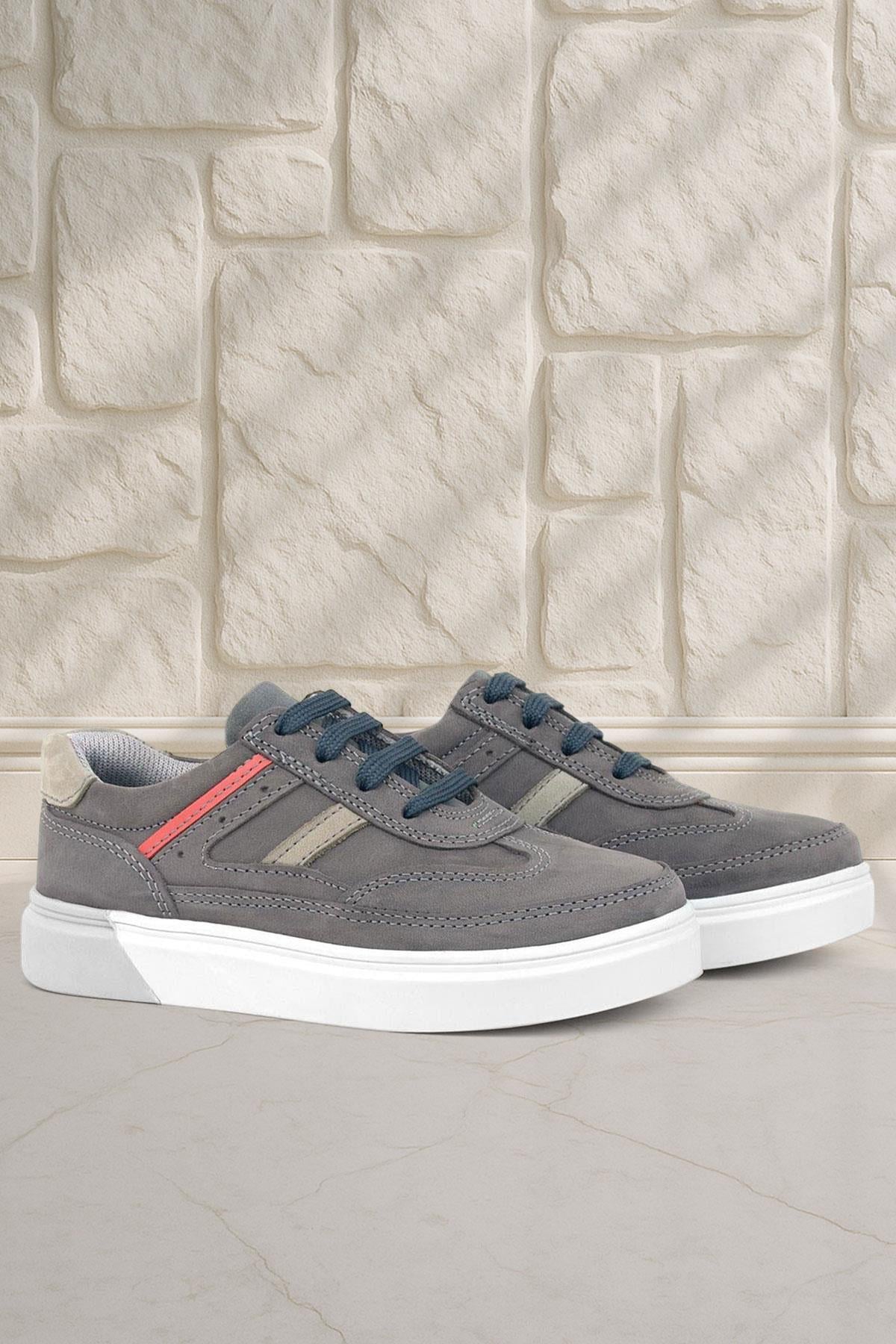 Rakerplus Gri Hakiki Deri Bağcıklı Erkek Çocuk Sneaker Ayakkabı