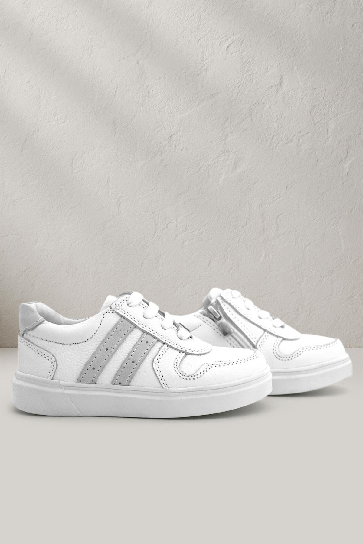 Rakerplus Hakiki Deri Beyaz Bağcıklı Fermuarlı Çocuk Sneaker Ayakkabı