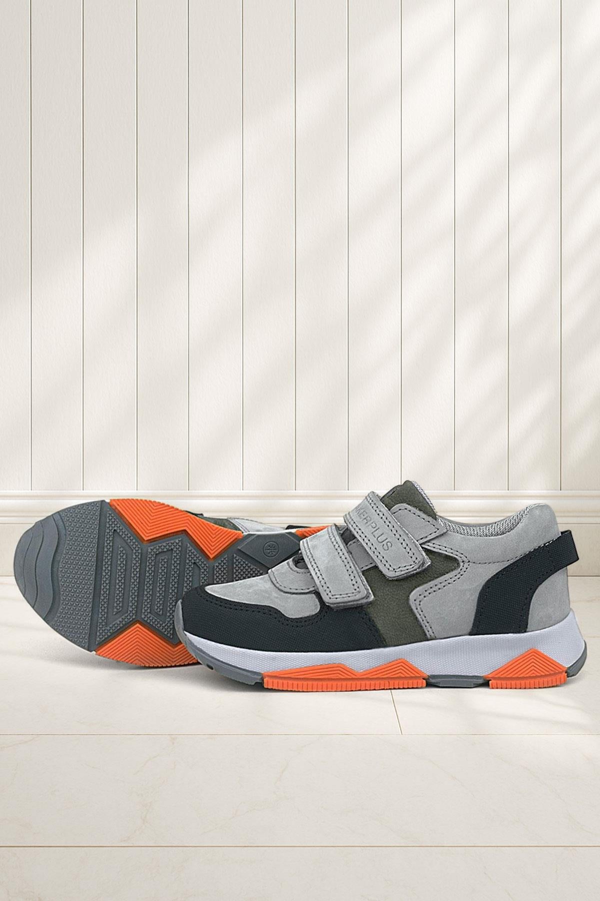 Rakerplus Hakiki Deri Gri Siyah Çocuk Sneakers Spor Ayakkabı