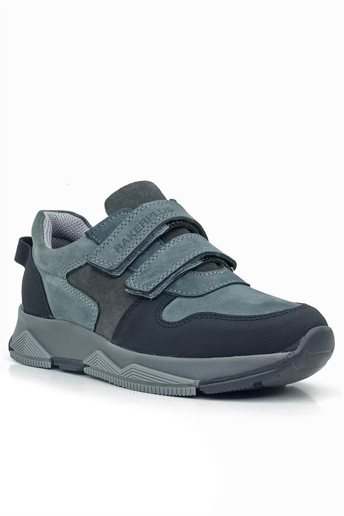 Rakerplus Hakiki Deri Koyu Gri Siyah Çocuk Cırtlı Sneakers Spor Ayakkabı